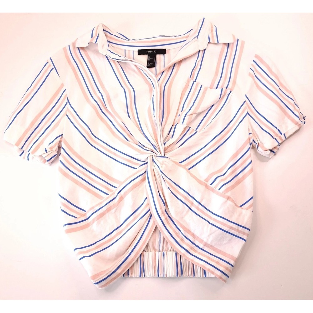 Forever21 Short‎ Sleeve Crop Top Women S Front Knot White Pastel Striped Preppy